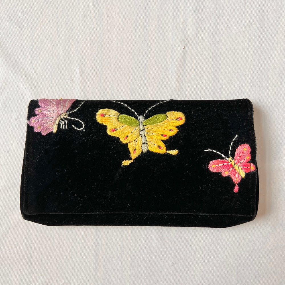 Vintage black Velvet Wallet clutch Butterfly Embroidered Whimsical y2k nWOT